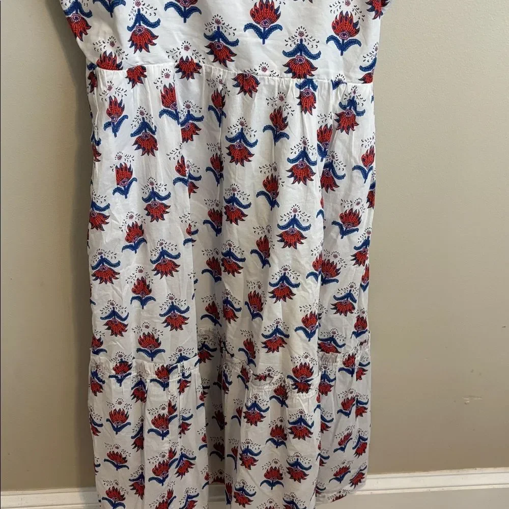J Crew Factory Square Neck Midi Dress 10 White Red Blue Floral Print Ruffle